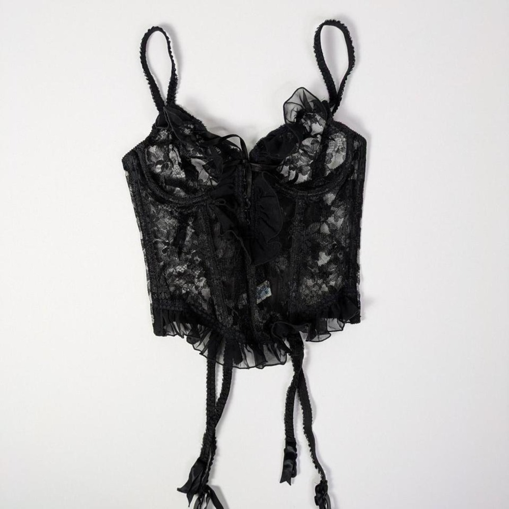 Vintage Victoria's Secret Corset 32B Gold Label Lace Garters Tie Front